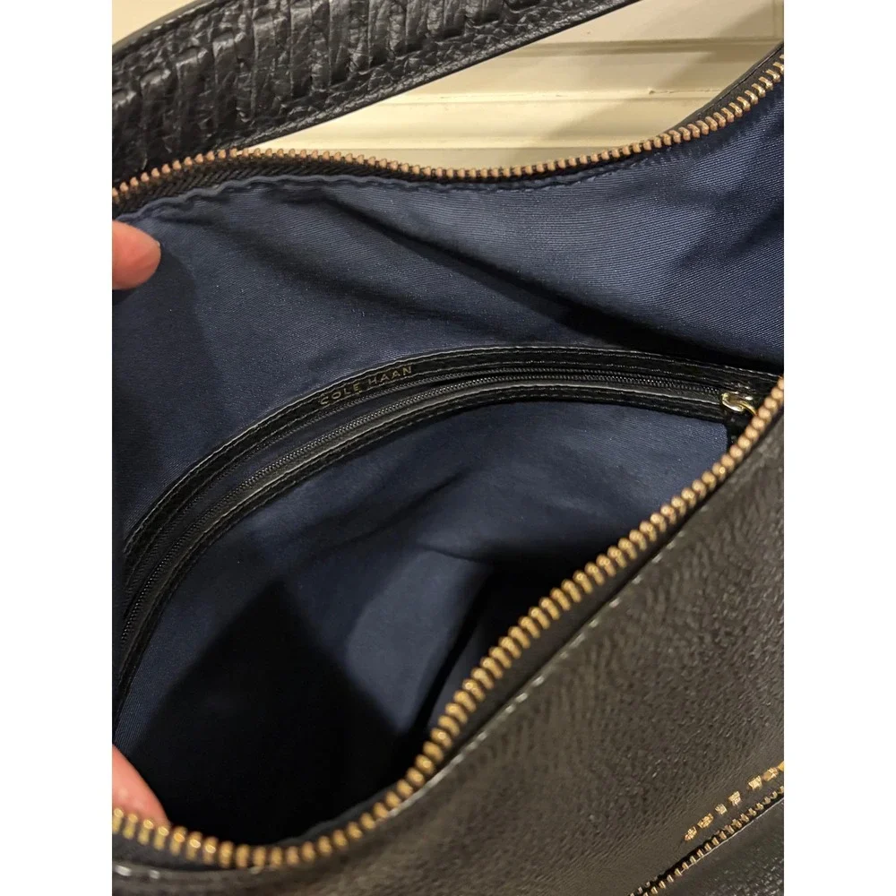 Cole Haan Black Pebbled Leather Hobo Shoulder Bag Gold Hardware Tassel Zip